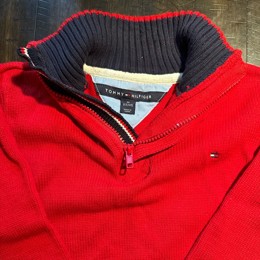 Tommy, Hilfiger big boys size M 12/14 red with blue stripes sweater